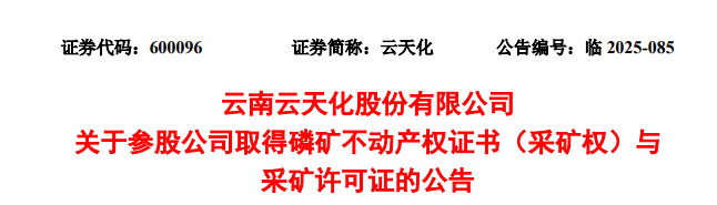 云天化参股公司获亚洲最大单体磷矿部分采矿权